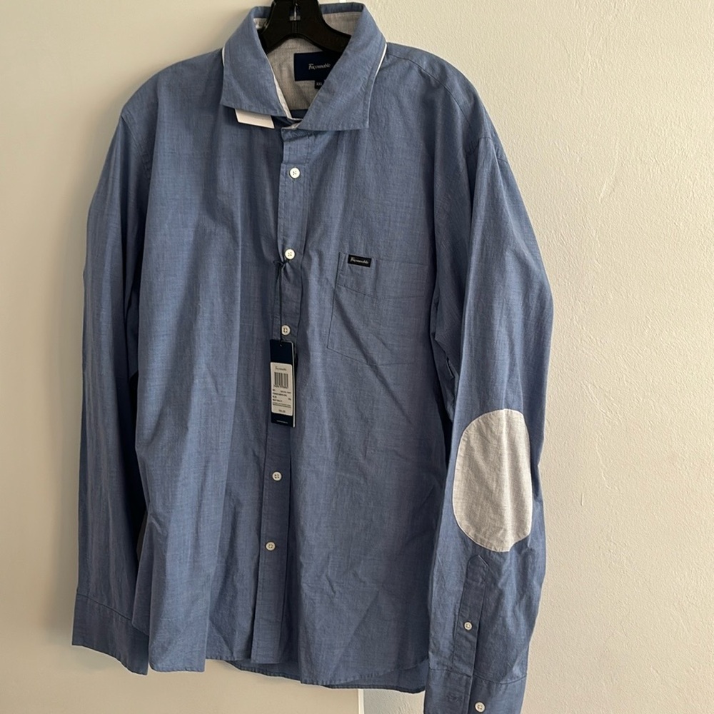 NWT Men’s XXL Faconnable Button Down Shirt Blue w Elbow Pad and Contrast Trim